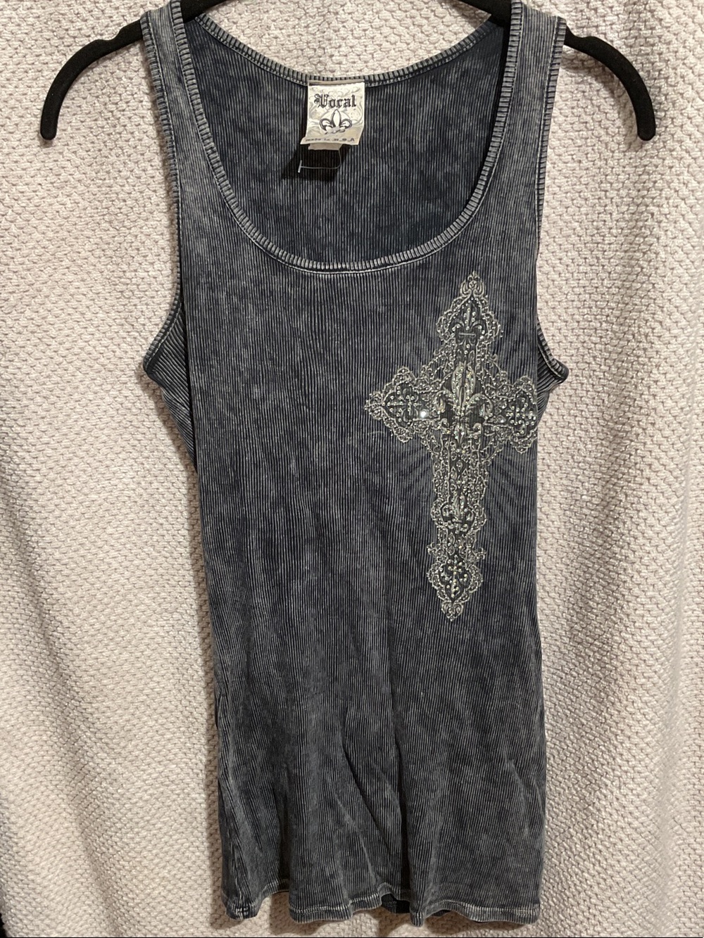 Vocal Charcoal Washed Tank with Ornate Cross